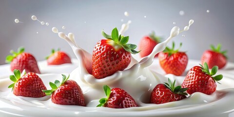 Ripe strawberries falling into creamy white cream, ripe, strawberries, falling, cream, concept, food, dessert, summer, fresh