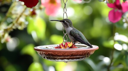Naklejka premium Hummingbird at a Feeder in a Lush Garden