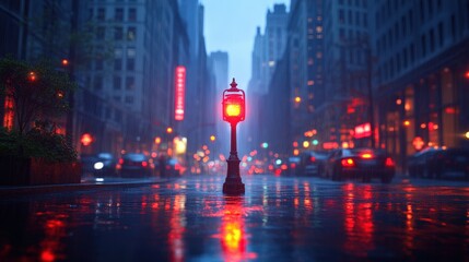 Rainy city street at night with a glowing red lamp reflecting in the wet pavement.