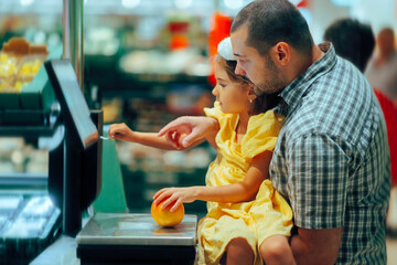 Father and Daughter Weighting an Orange on a Supermarket Scale. Family in a store checking the...