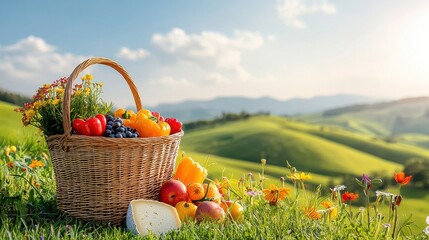 [Outdoor gatherings dining public] Picnic in Spring Rustic Woven Basket amidst Wildflowers and Clear Blue Sky