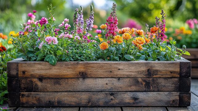 [Home gardening tips raised] Vibrant Garden Oasis Lush Flowers & Wooden Planter