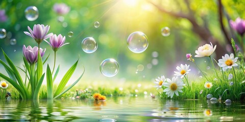 Obraz premium Abstract spring flower landscape with water bubble in rendering, spring, flower, landscape, abstract,rendering, water, bubble