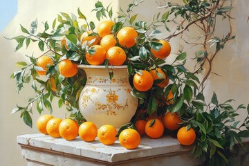 Vibrant Still Life of Oranges and Decorative Pot on Table