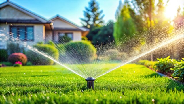 Automatic irrigation system watering green grass in a home garden, irrigation, system, home garden