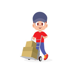 Happy courier pushing cart with packages