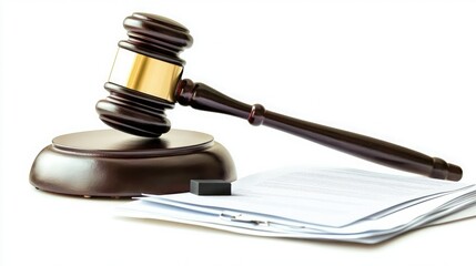 A gavel rests on a wooden block beside a stack of papers, symbolizing justice, law, and courtroom proceedings.
