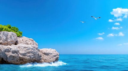 Serene coastal scene with rocks, ocean, and flying birds.
