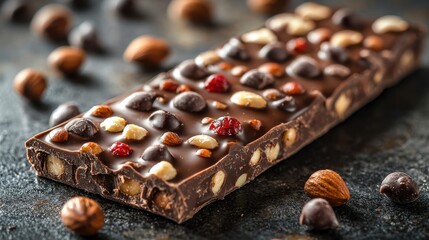 Close-up of a rich dark chocolate bar topped with assorted nuts and dried fruits, placed on a textured dark surface, ideal for dessert and snack concepts.
