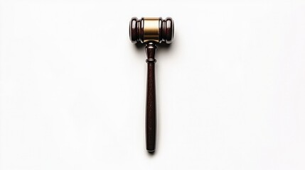 Naklejka premium A wooden gavel rests on a white background, symbolizing justice, law, and authority in judicial settings.