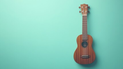 Obraz premium 20.A polished brown ukulele set against a calming, abstract pastel turquoise backdrop. The ukuleleâ€™s wood texture is finely detailed, and the simplicity of the design allows the focus to remain on