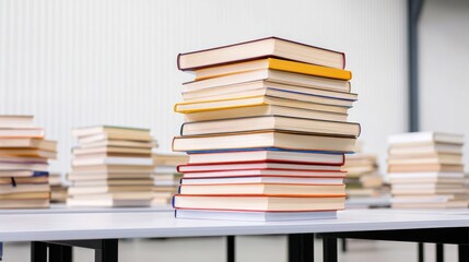Stacked books on tables in a spacious room for reading or study.