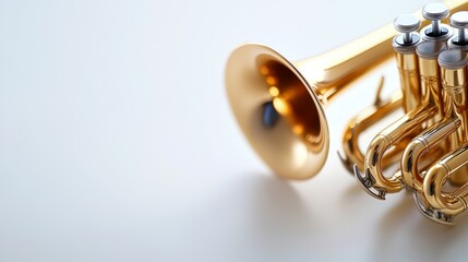 Obraz premium 23.A close-up of a trumpet, lying gracefully on a white background. The trumpetâ€™s gleaming brass shines under the soft lighting, with the valves and mouthpiece sharply detailed. The white space