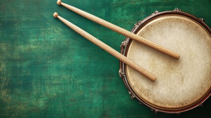 27.A close-up view of a drum and two wooden drumsticks placed on a green table, shot from above. The drum&acirc;&euro;&trade;s surface has a polished finish, while the sticks rest gently across it, positioned at an