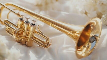 Naklejka premium 21.A bright, clean image of a trumpet resting on a smooth white background, its shining brass surface reflecting soft light. The focus is on the instrument's detailed valves and bell, capturing its