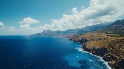 Mediterranean Coastal Serenity: A Breathtaking Aerial View of Dramatic Cliffs and Azure Waters