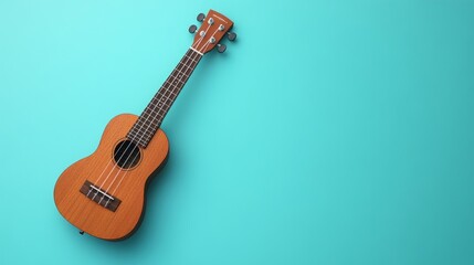 19.A creative composition featuring a brown ukulele against a smooth, pastel turquoise background....