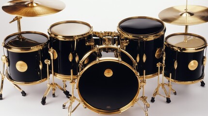 Obraz premium 90.A detailed image of a drum set featuring seven pieces with cinnamon-colored drumheads, black shells, and gold-plated fittings. The photograph captures the shimmering gold accents and the fine