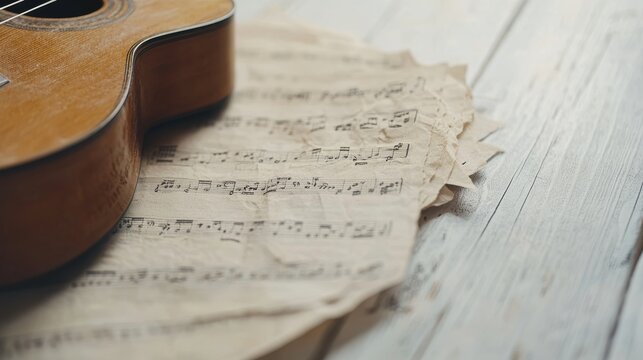 95.A detailed close-up of musical notes and sheet music on a white wooden table, with a guitar resting beside it. The soft lighting creates a warm glow on the smooth surface of the guitar,