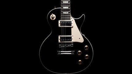 55.A dramatic top-down close-up of a black electric guitar on a black background, illuminated with contrasting light to create a striking visual effect. The guitar's body gleams under the spotlight,