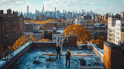 Rooftop repair project featuring modern techniques and safety measures with a scenic city view