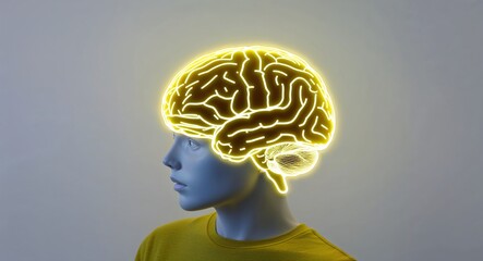 Fototapeta premium Yellow theme brain neon hologram on plain white background