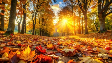 Vibrant fall leaves covering the ground under the bright sun in a serene natural setting, autumn, sunny, nature, background