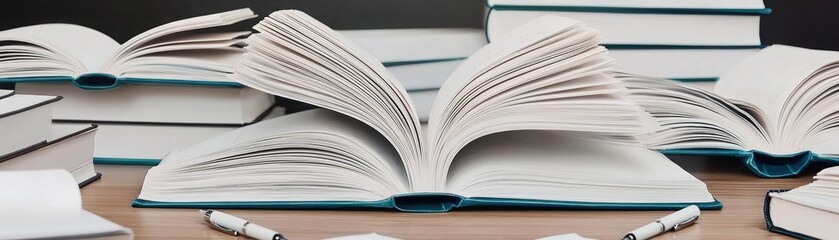 A collection of open and closed books displayed on a table, showcasing their pages and colorful spines in an organized study setting.