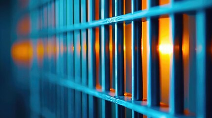 A close-up of blue prison bars with warm light shining through, creating a stark contrast and evoking a sense of confinement and isolation.