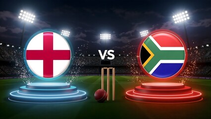 South Africa Vs England cricket match design with stylish 3D flags, glowing stumps and ball in a colorful night stadium background with bright floodlights and spark effects