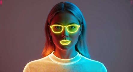 Yellow theme woman face neon hologram on plain white background