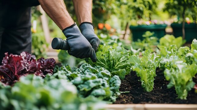 Gardener tending to lush green leafy vegetables in garden bed