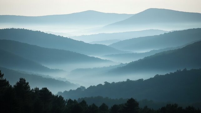 Serene misty mountain landscape. AI.