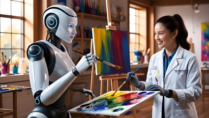 Robot Painting on Canvas in a Creative Studio
