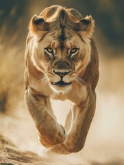 Obraz premium A lioness in motion. AI.