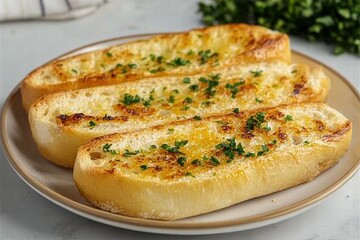 Golden Brown Garlic Bread with Fresh Green Herbs on Plate