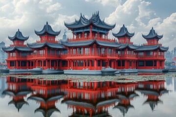 Naklejka premium Majestic Traditional Asian Architecture Surrounded by Calm Water