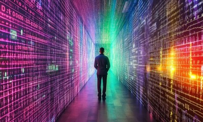 A scientist stands in the center of an endless corridor made entirely of digital code
