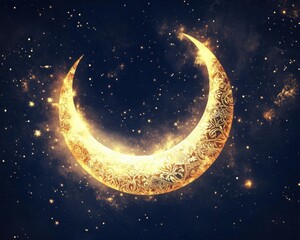 Fototapeta premium Crescent Moon: Celestial Design, Night Sky, Golden Ornament, Starry Background, Mystical Art, Space, Galaxy, Ornate Pattern, Celestial Body, Cosmic