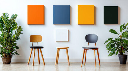 Contemporary chairs in modern art gallery with colorful wall art. vibrant colors and greenery create lively atmosphere, perfect for showcasing creativity