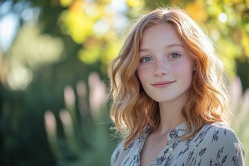 Fototapeta premium Freckled redhead smiling, outdoors, summery.