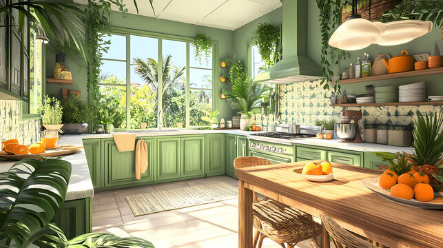 Tropicalthemed kitchen with lush greenery, rattan furniture, and bright citrus accents, main keyword island vibes, concept wanderlust paradise. Wanderlust. Illustration