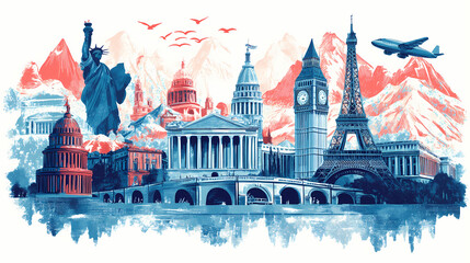 Vintage travel poster with famous landmarks in blue and red inspiring adventure and wanderlust. Wanderlust. Illustration