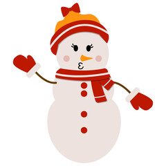 Cheerful snowmen in different costumes and scarf and hat.