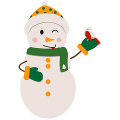 Cheerful snowmen in different costumes and scarf and hat.