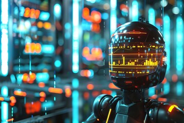 Futuristic robot with heads-up display in digital environment.