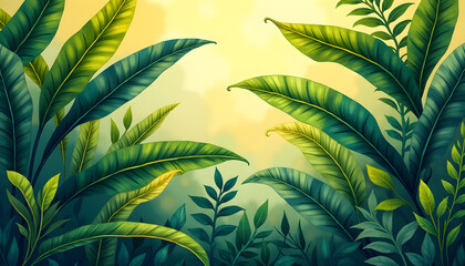 Obraz premium Tropical Banana Leaves in Radiant Watercolor Layers