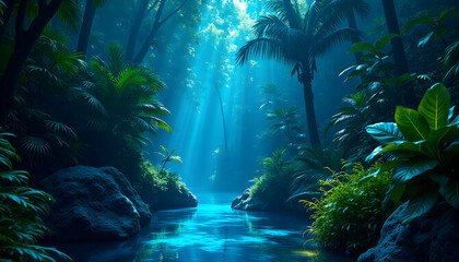 Obraz premium Tropical Jungle Layers in Electric Blue and Neon Green