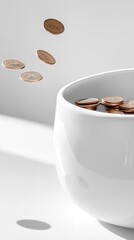 Coins falling into white bowl on white background.