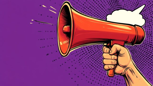 100.A dynamic 3D illustration featuring a cartoon hand gripping a red megaphone, with a speech bubble coming from it. The hand is large and cartoonish, and the purple background is simple yet